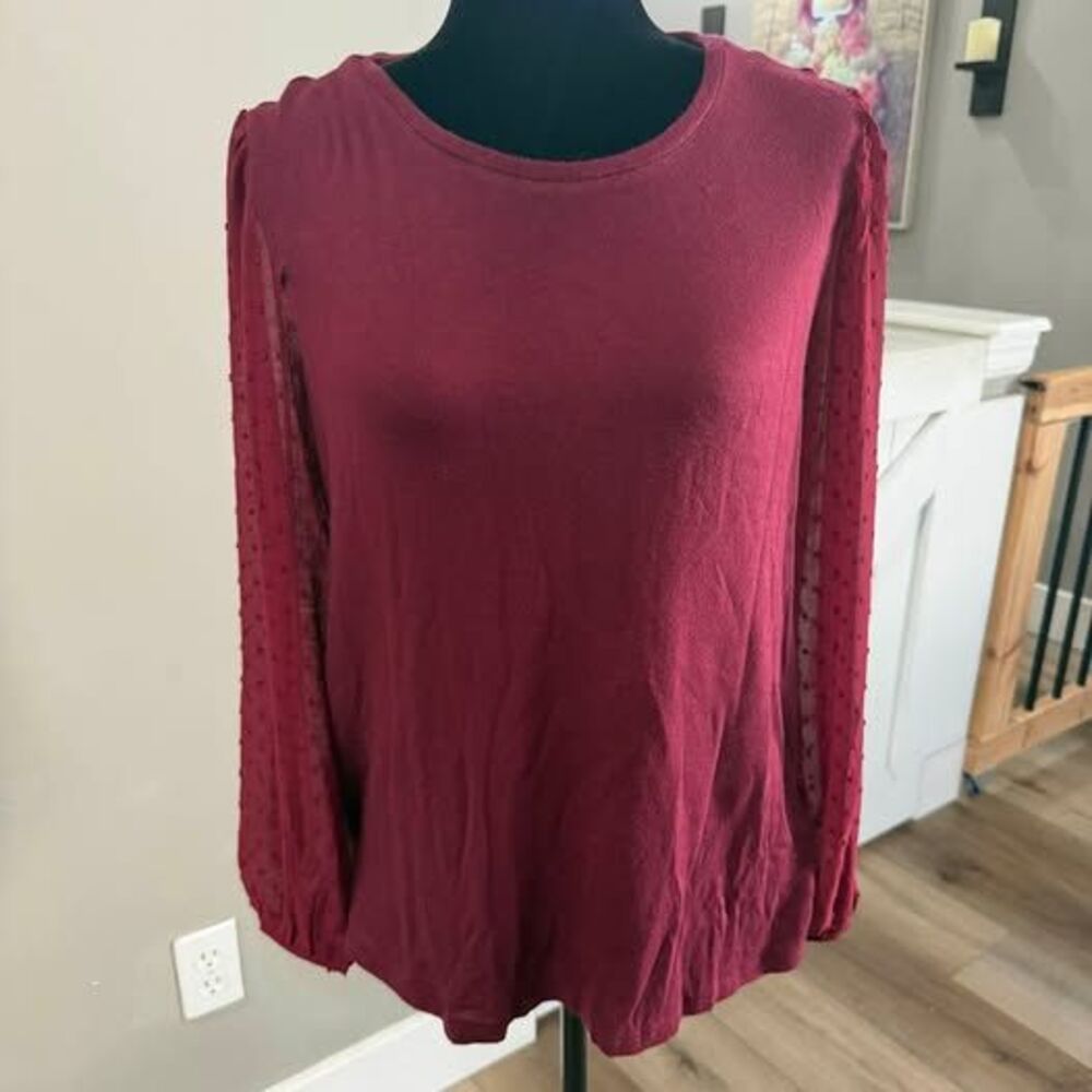 Maurices Burgundy Top with Swiss Dot Sleeves Size Large